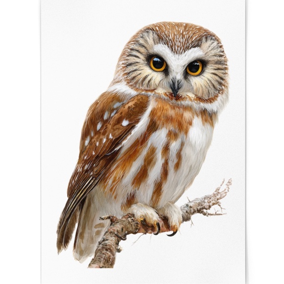 Watercolor Northern Saw-whet Owl Portrait Wall Art Print Poster, Unframed - Picture 2 of 6